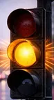 Flashing yellow traffic signal. Drivers do not have to stop unless conditions require it, but they must slow down, scan carefully for conflicting traffic or pedestrians, and proceed through the intersection with caution.