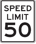 White rectangular Speed Limit sign showing the maximum legal speed under favorable conditions. Drivers must obey the posted limit and reduce speed further when traffic, weather, visibility, roadway condition, or other hazards require a slower speed.